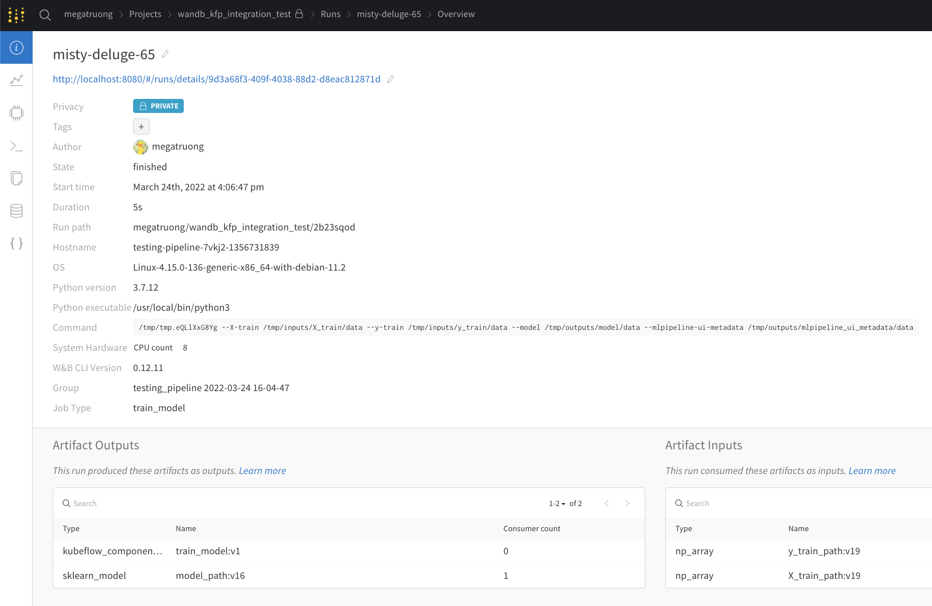 특정 런에 대한 세부 정보 보기(및 Kubeflow UI로 다시 링크)